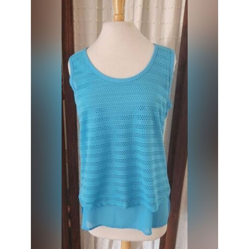 T18 Essentials by Milano Blue Sleeveless Open Weave Layered Tank Top-Turquois